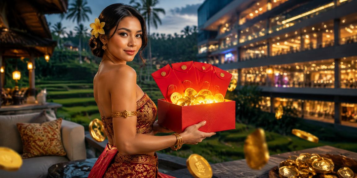 Model memegang amplop merah hadiah promosi bonus dengan penuh kegembiraan