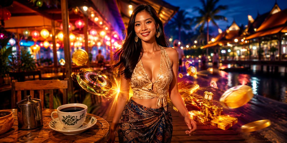 Ilustrasi pengguna Indonesia menikmati informasi bonus dan jackpot di kafe