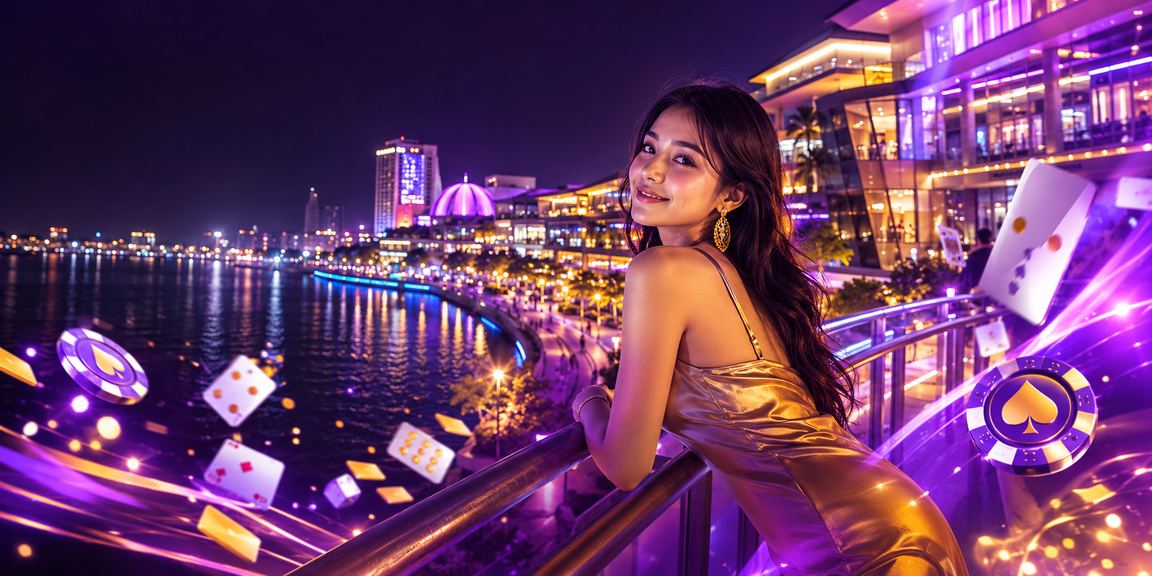 Permainan kartu kasino dengan efek neon dan suasana malam yang mewah