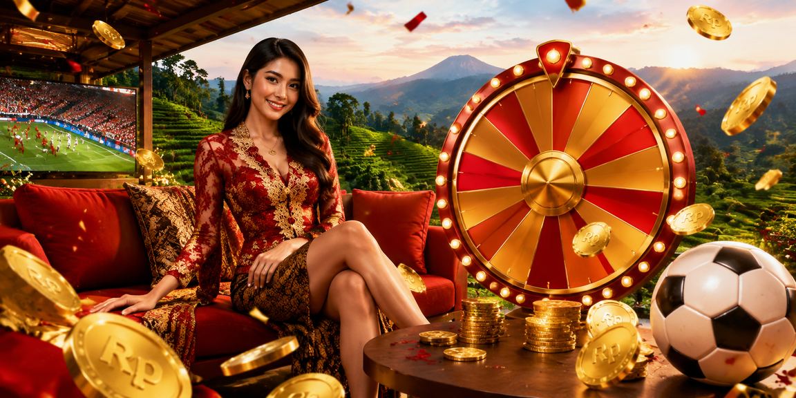 Model berpose di depan meja roulette dengan suasana kasino premium